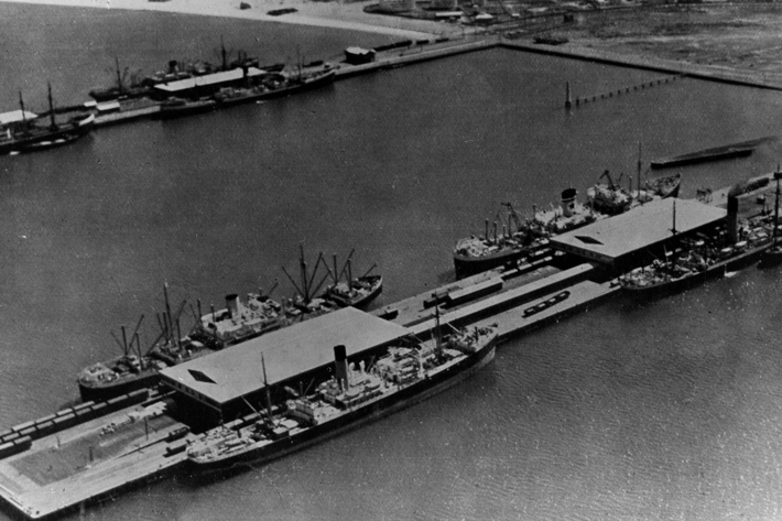 Aerial view looking down on pier infrastructure